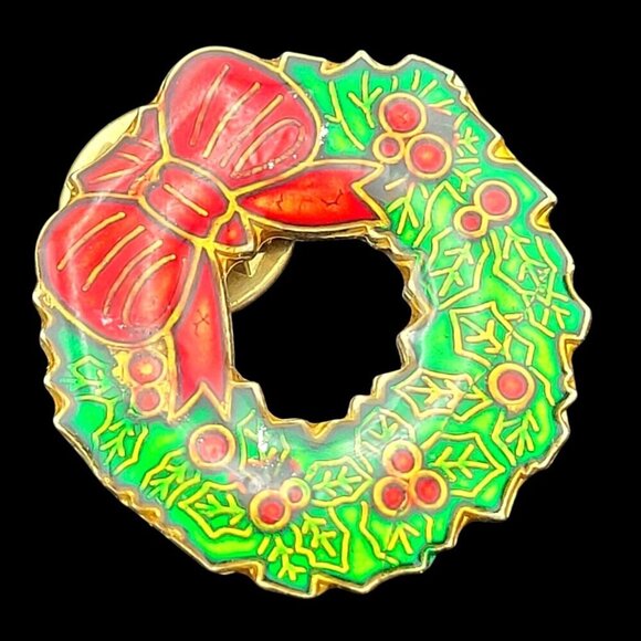 Vintage Holiday Glossy Enamel Christmas Wreath Pin Brooch Red Bow Green Gold 1" - Picture 3 of 4